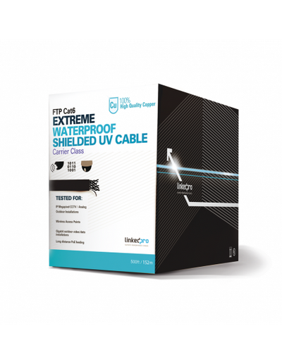 Bobina de 152.5 metros Cat6+ CALIBRE 23 Exterior Blindado tipo FTP Para Climas Extremos, UL para aplicaciones de CCTV y redes de datos. Para uso en Intemperie.